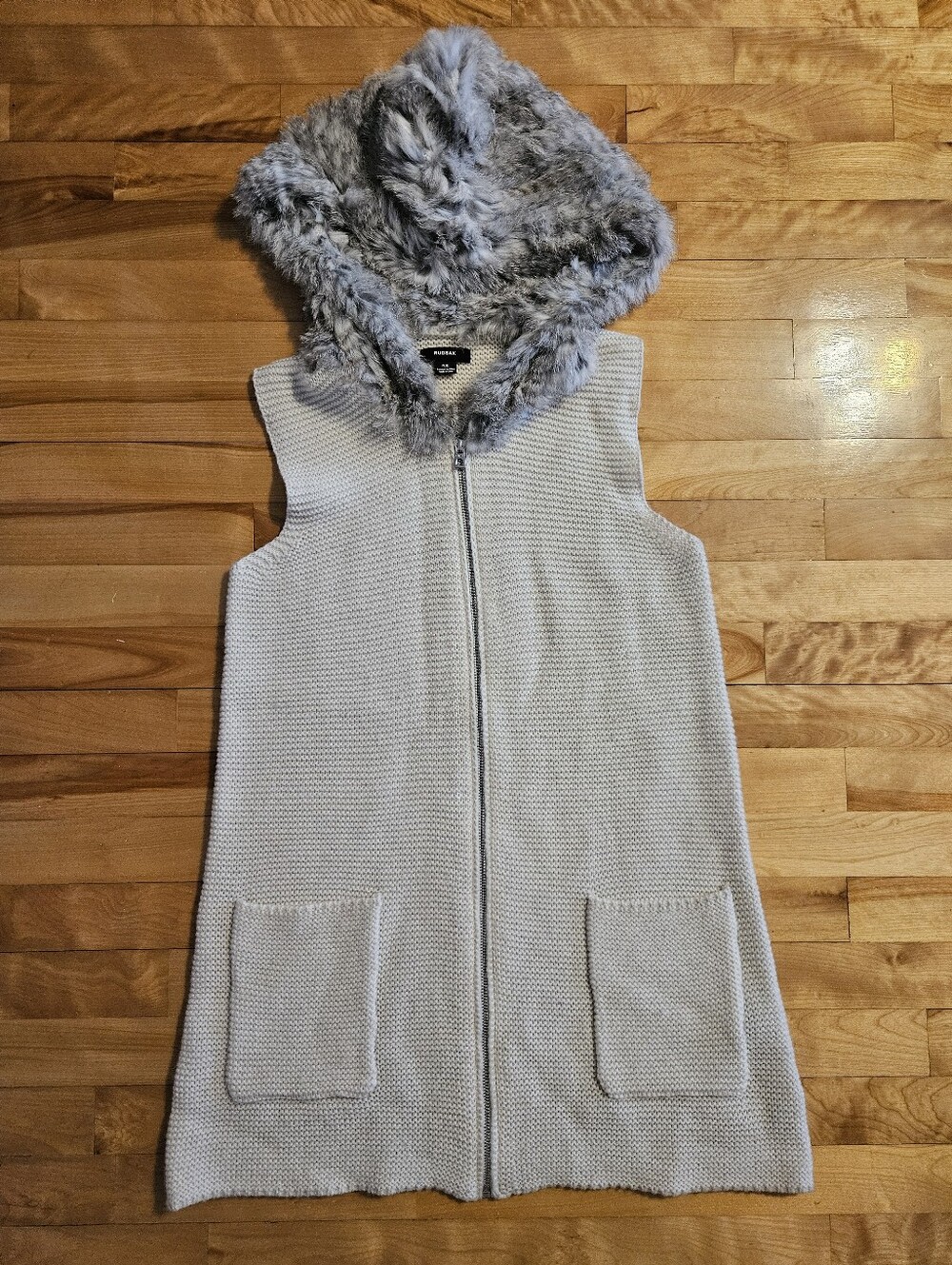 Rudsak Long Knit Vest Or Tunic With Rabbit Fur Hood Fits All S/M/L